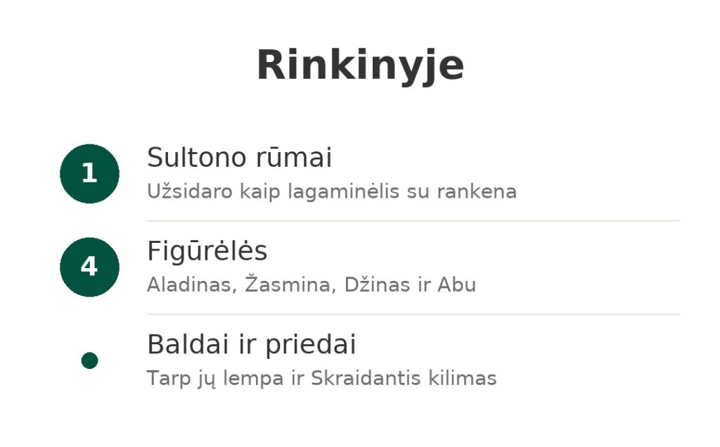 Rinkinyje: Sultono rūmai, užsidarantys kaip lagaminėlis, keturios Aladino ir Žasminos figūrėlės, baldai ir priedai