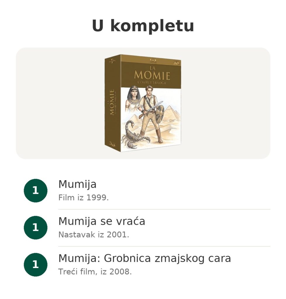U kompletu: trilogija Mumija na Blu-ray 3D s tri filma iz 1999., 2001. i 2008. godine