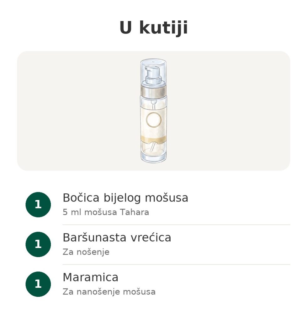 U kutiji: bočica od 5 ml bijelog mošusa Tahara za intimnu njegu, baršunasta vrećica i maramica
