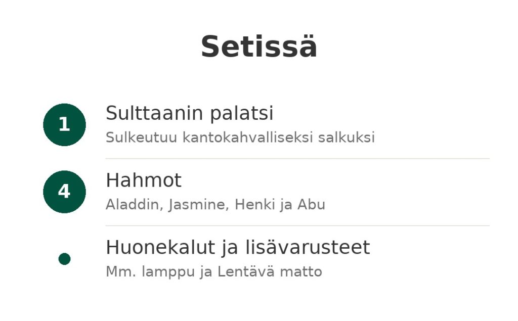 Aladdin ja Jasmine -setti Disney Store Setissä: salkuksi sulkeutuva sulttaanin palatsi, neljä Aladdin- ja Jasmine-hahmoa, huonekalut ja lisävarusteet
