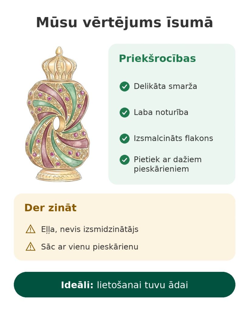 Mūsu vērtējums īsumā par smaržu eļļu Al Haramain Tanasuk izsmalcinātā zeltainā flakonā