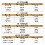 Størrelsesguide til dynebetræk til én person med orientalske mønstre i rød og grøn, størrelse AU, US, EU
