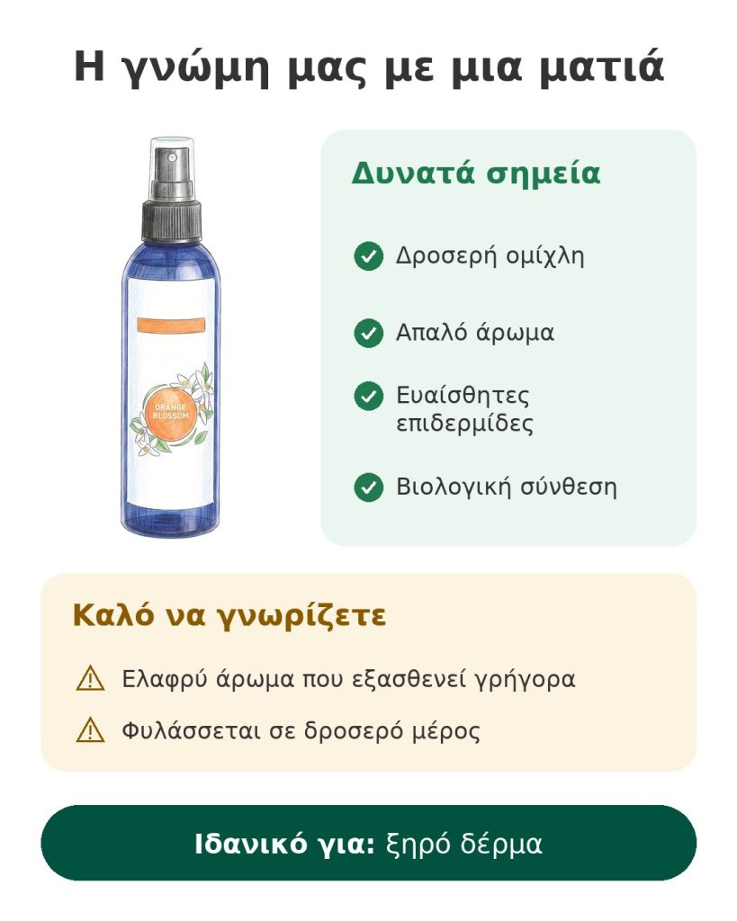 Η γνώμη μας με μια ματιά για το ανθόνερο πορτοκαλιάς, βιολογικό σπρέι προσώπου