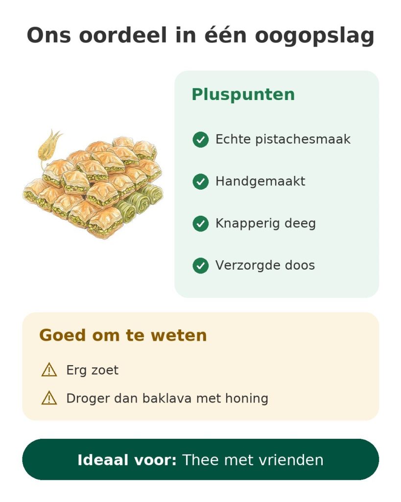 Turkse pistache-baklava 500 g Turkse pistache baklava handgemaakt: ons oordeel in één oogopslag met pluspunten en goed om te weten