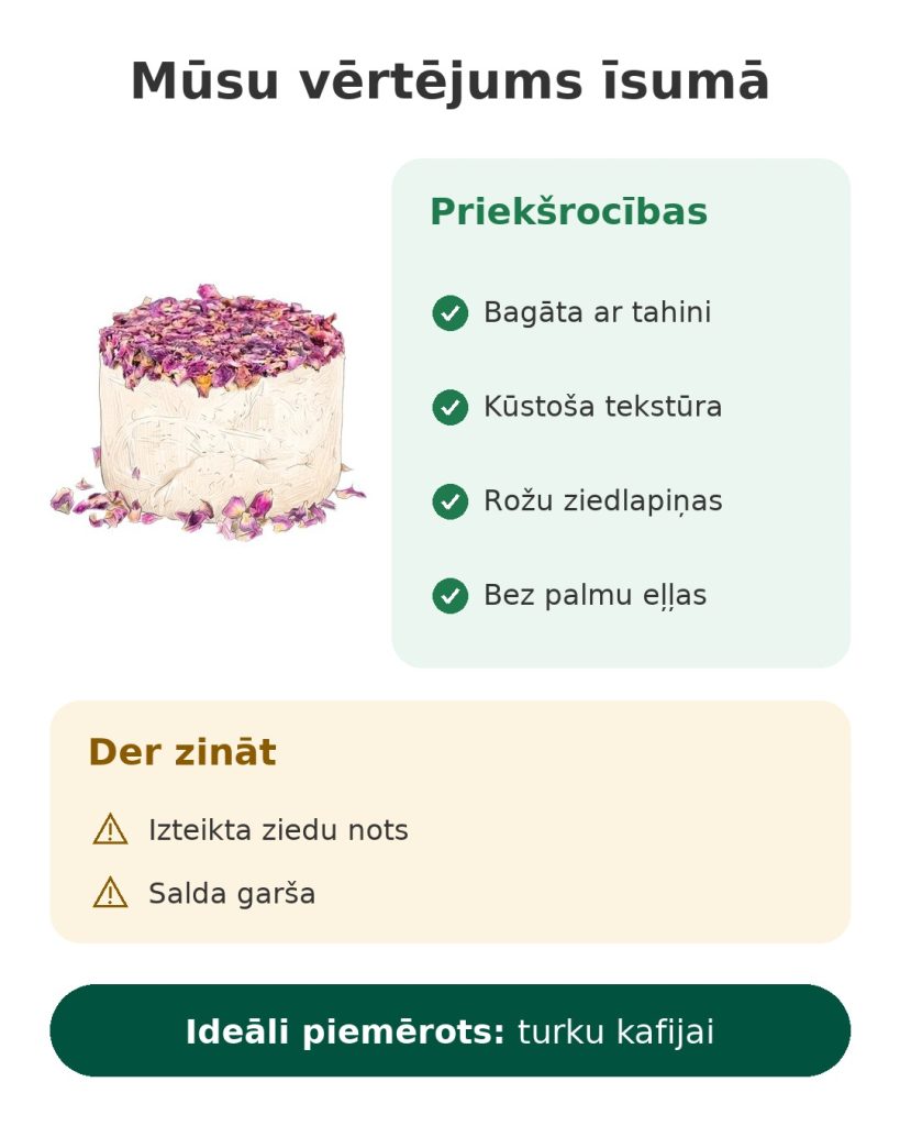 Mūsu vērtējums īsumā par turku halvu ar rožu ziedlapiņām un tahini