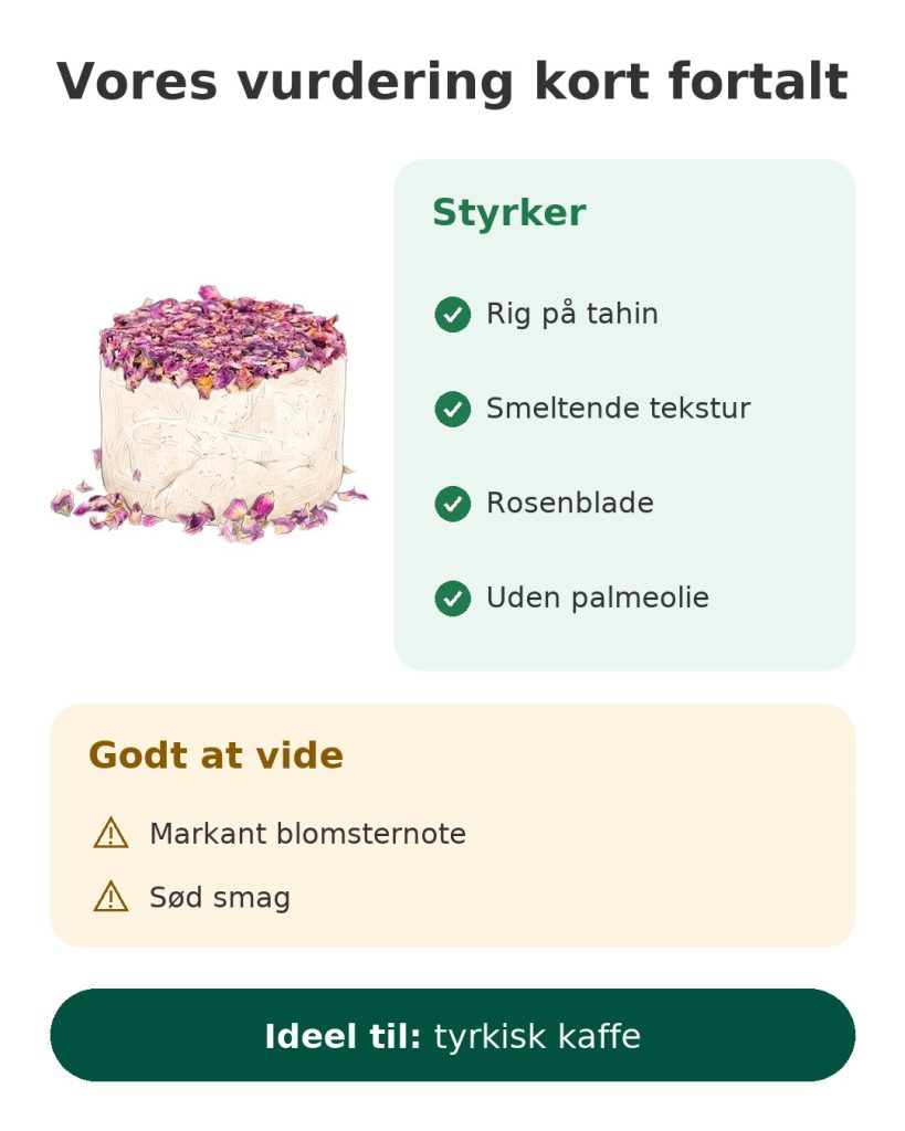 Vores vurdering kort fortalt af tyrkisk halva med rosenblade og tahin