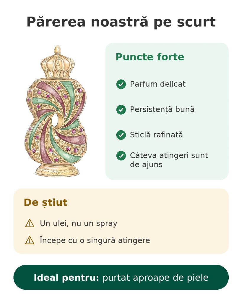 Părerea noastră pe scurt despre uleiul parfumat Al Haramain Tanasuk, în flacon auriu rafinat