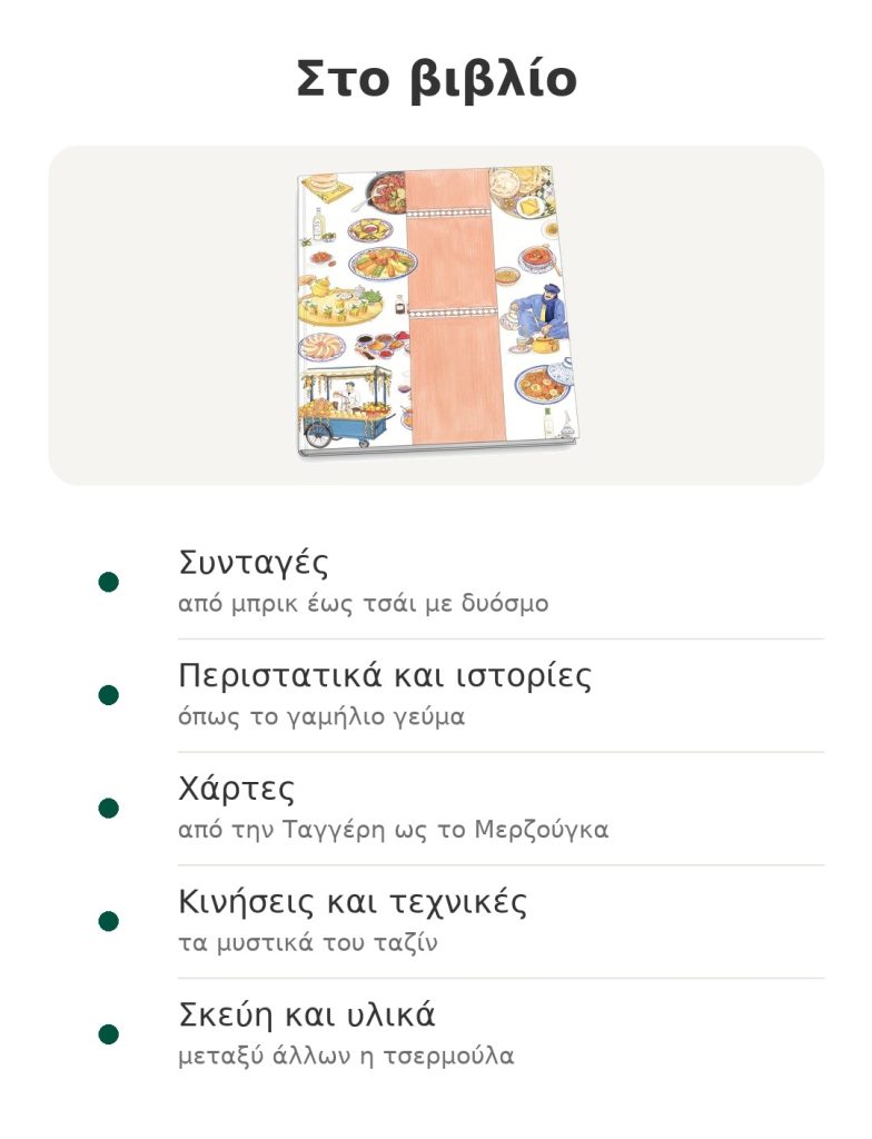 Στο βιβλίο – βιβλίο μαροκινής κουζίνας : Συνταγές; Περιστατικά και ιστορίες; Χάρτες