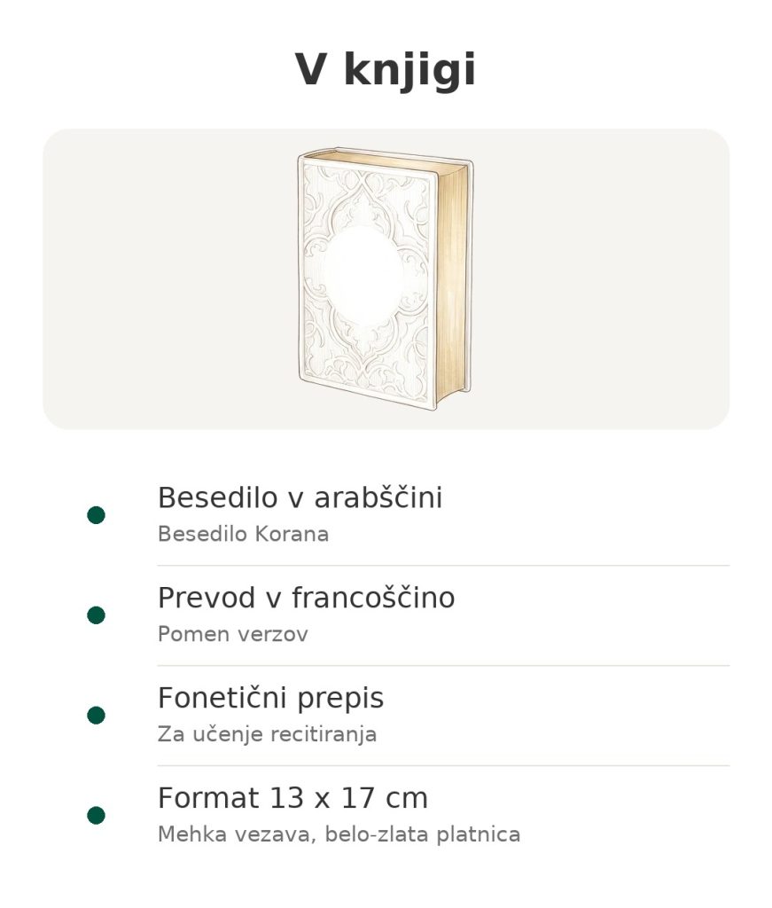 V knjigi: Koran Albouraq z arabskim besedilom, prevodom v francoščino in fonetičnim prepisom, format 13 x 17 cm, belo-zlata platnica