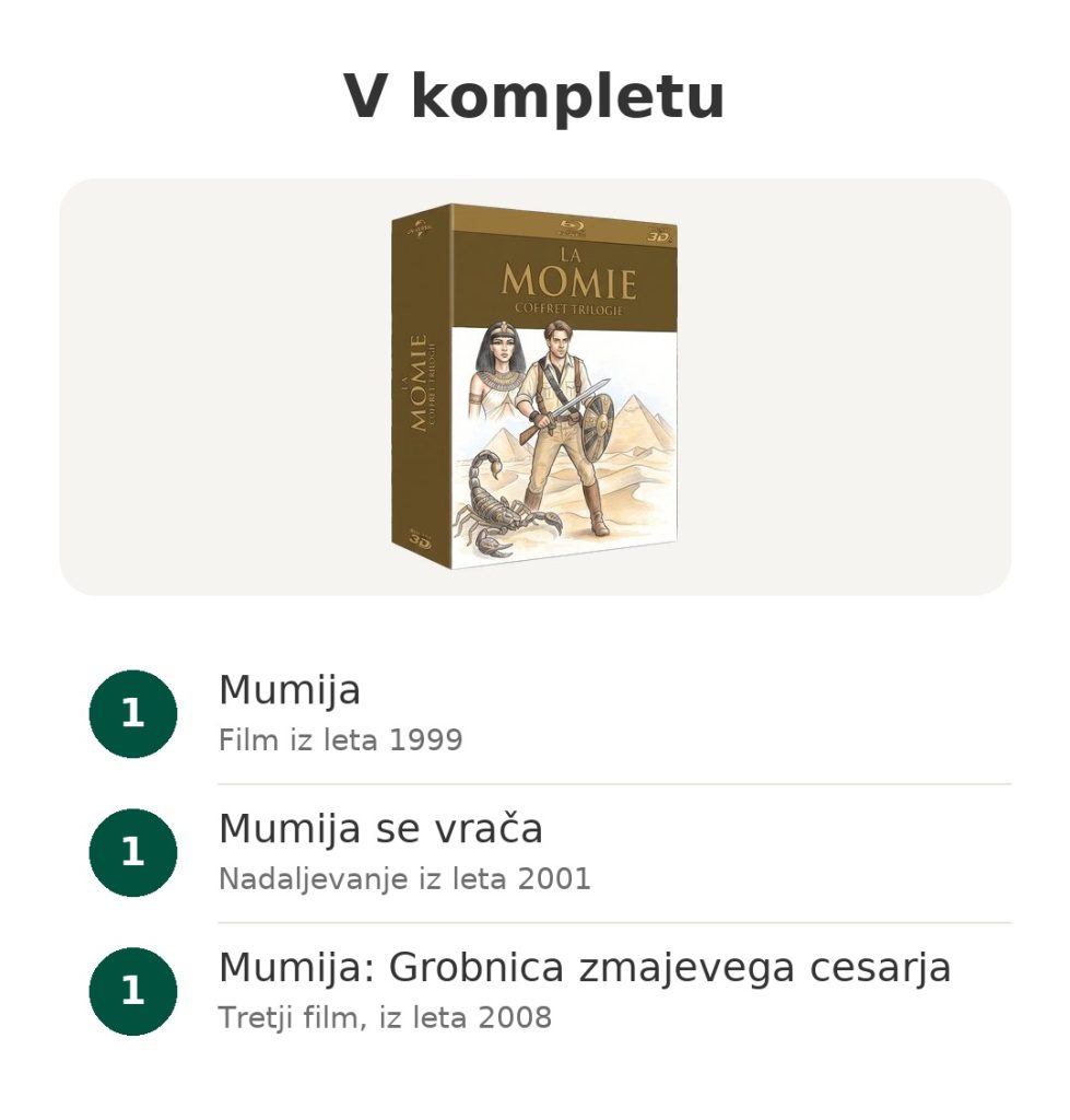 V kompletu: trilogija Mumija na Blu-ray 3D s tremi filmi iz let 1999, 2001 in 2008