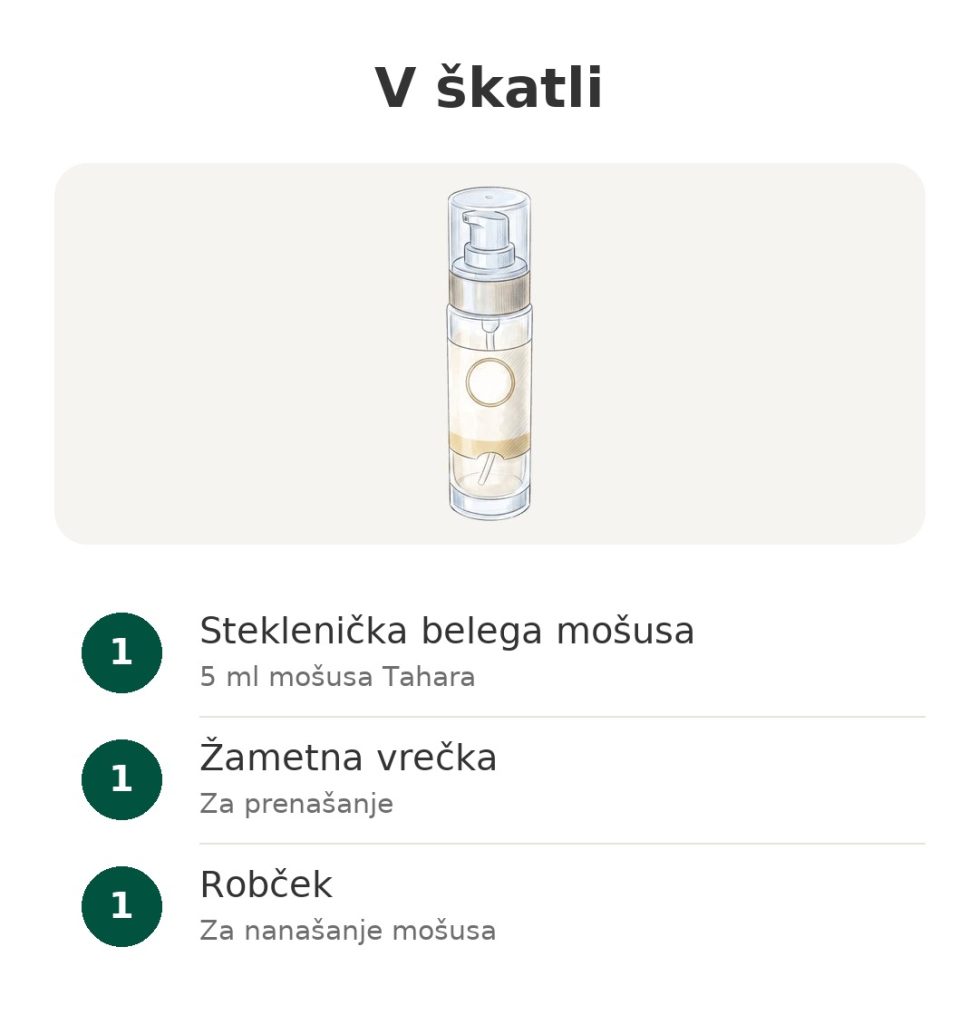 V škatli: steklenička 5 ml belega mošusa Tahara za intimno nego, žametna vrečka in robček