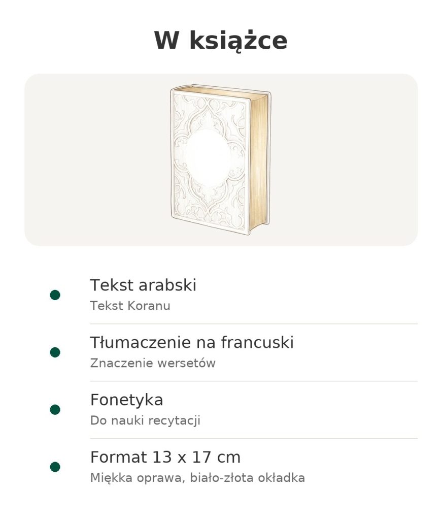 W książce: tekst arabski, tłumaczenie na francuski, fonetyka, format 13 x 17 cm