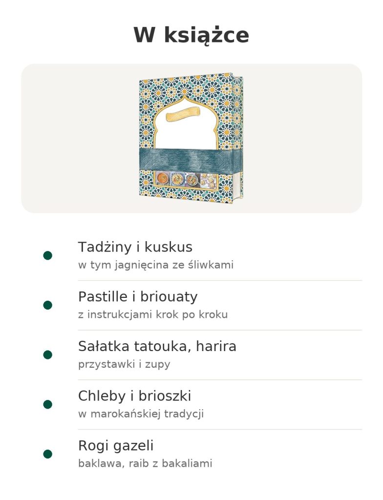 Moja kuchnia marokańska z Ma fleur d'oranger W książce: tadżiny i kuskus, pastille i briouaty, sałatka tatouka, harira, chleby i brioszki, rogi gazeli