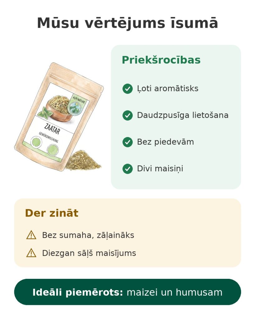 Libāniešu zātars Alpi Nature 2 x 125 g Mūsu vērtējums īsumā par libāniešu garšvielu maisījumu zaatar Alpi Nature, bez piedevām