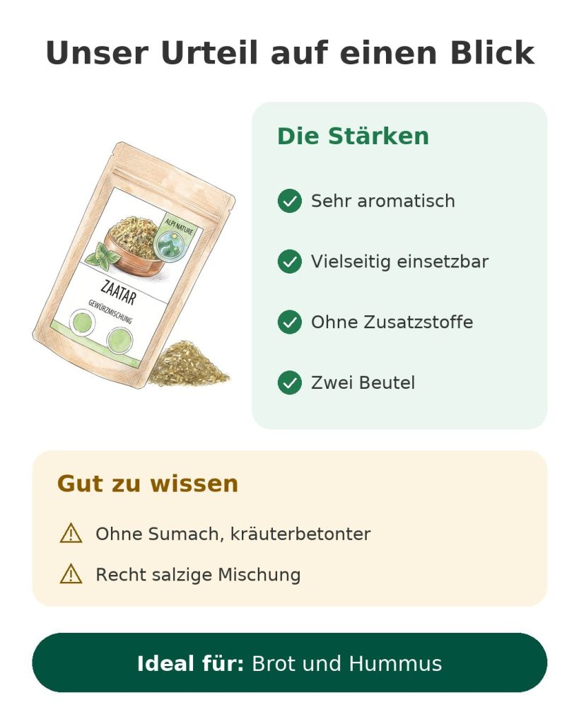 Libanesischer Zaatar Alpi Nature 2 x 125 g Unser Urteil auf einen Blick zur libanesischen Zaatar-Gewürzmischung Alpinature: Stärken und Hinweise