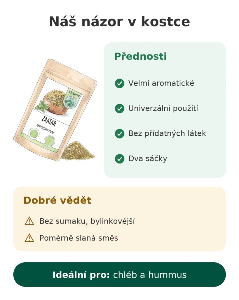 Náš názor v kostce na libanonskou směs koření zaatar Alpi Nature, velmi aromatickou