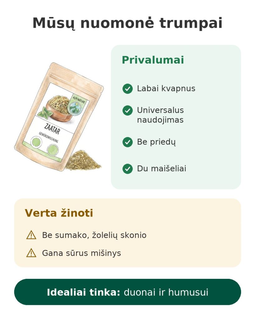 Mūsų nuomonė trumpai apie libanietišką prieskonių mišinį zaatar Alpi Nature, be priedų