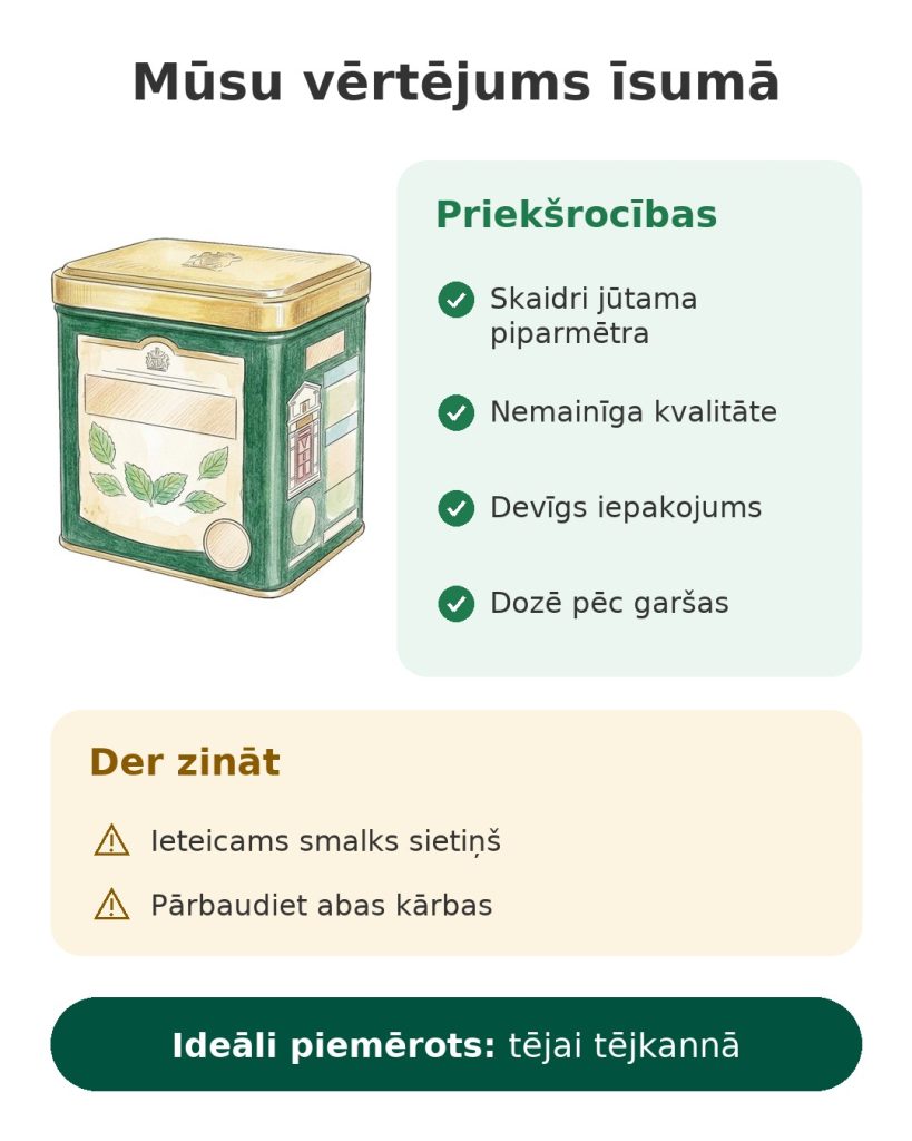 Mūsu vērtējums īsumā par zaļo tēju ar piparmētru Twinings