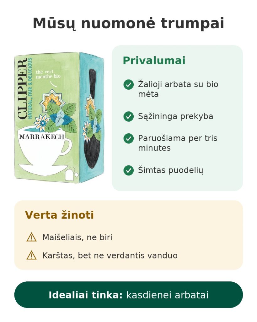 Mūsų nuomonė trumpai apie žaliąją arbatą su bio mėta Clipper Marrakech