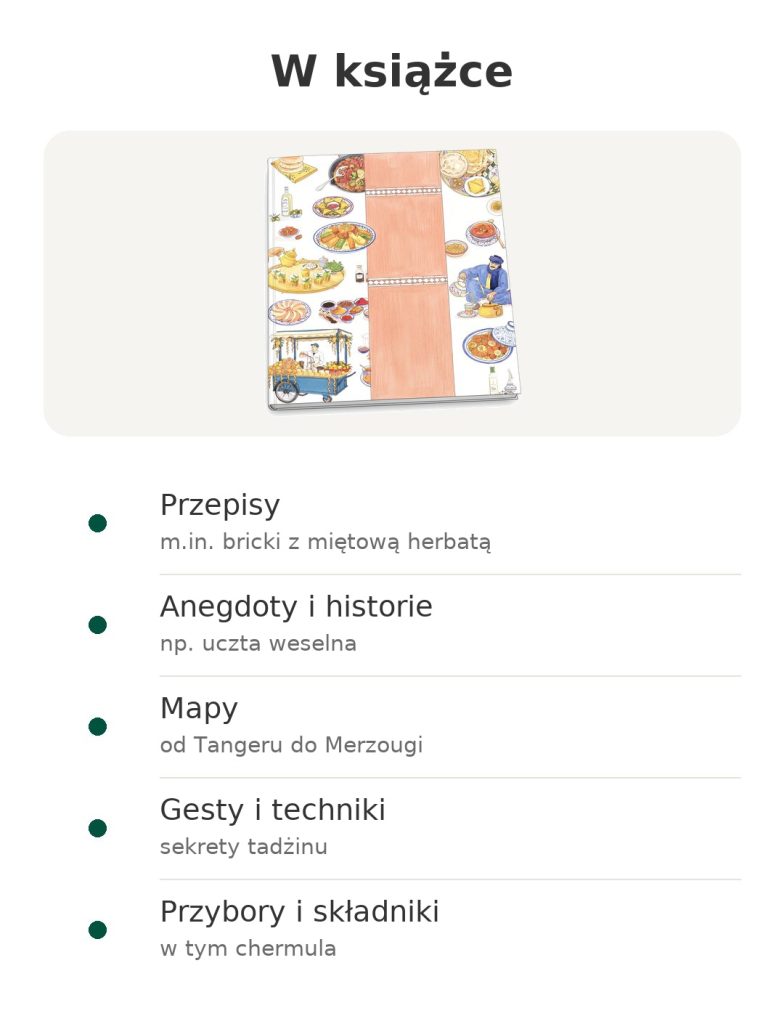 W książce: przepisy, anegdoty, mapy, gesty i techniki, przybory i składniki (kuchnia marokańska)