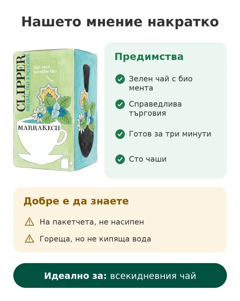 Нашето мнение накратко за зелен чай с био мента Clipper Marrakech