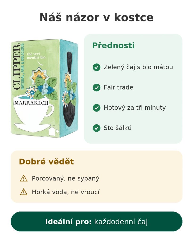 Náš názor v kostce na zelený čaj s bio mátou Clipper Marrakech