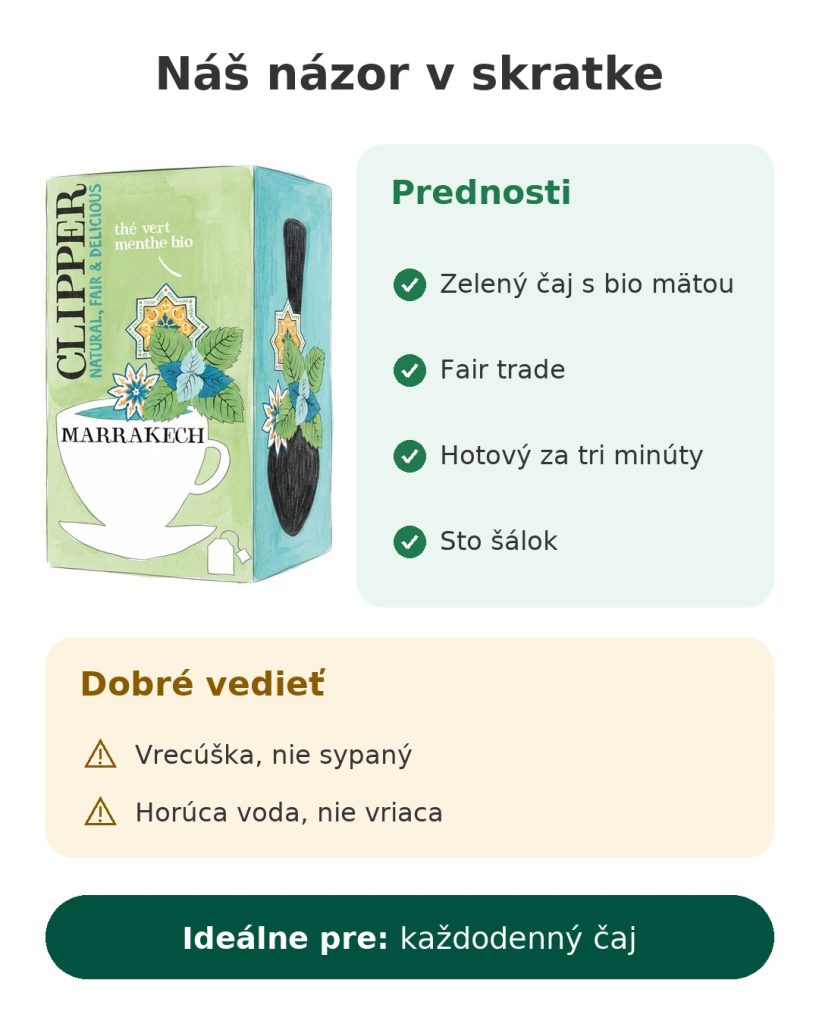 Náš názor v skratke na zelený čaj s bio mätou Clipper Marrakech